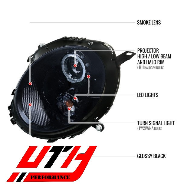 Mini Cooper 07-15 Black/Smoke Halo Projector Headlights w Parking LEDs